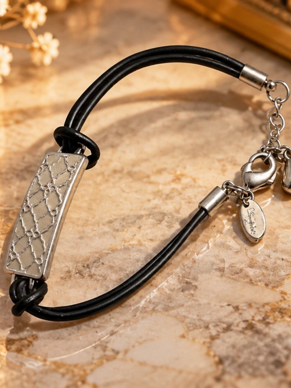Lia Sophia Silver Tone & Black Cord Bracelet – Geometric Enamel Design
